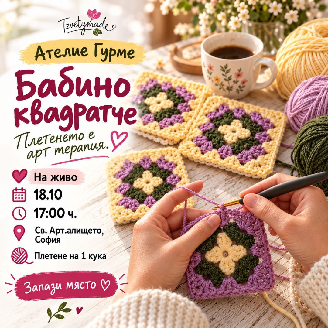 Ателие Гурме Плетене на 1 кука „Бабино квадратче“ – 18.10.2026г.