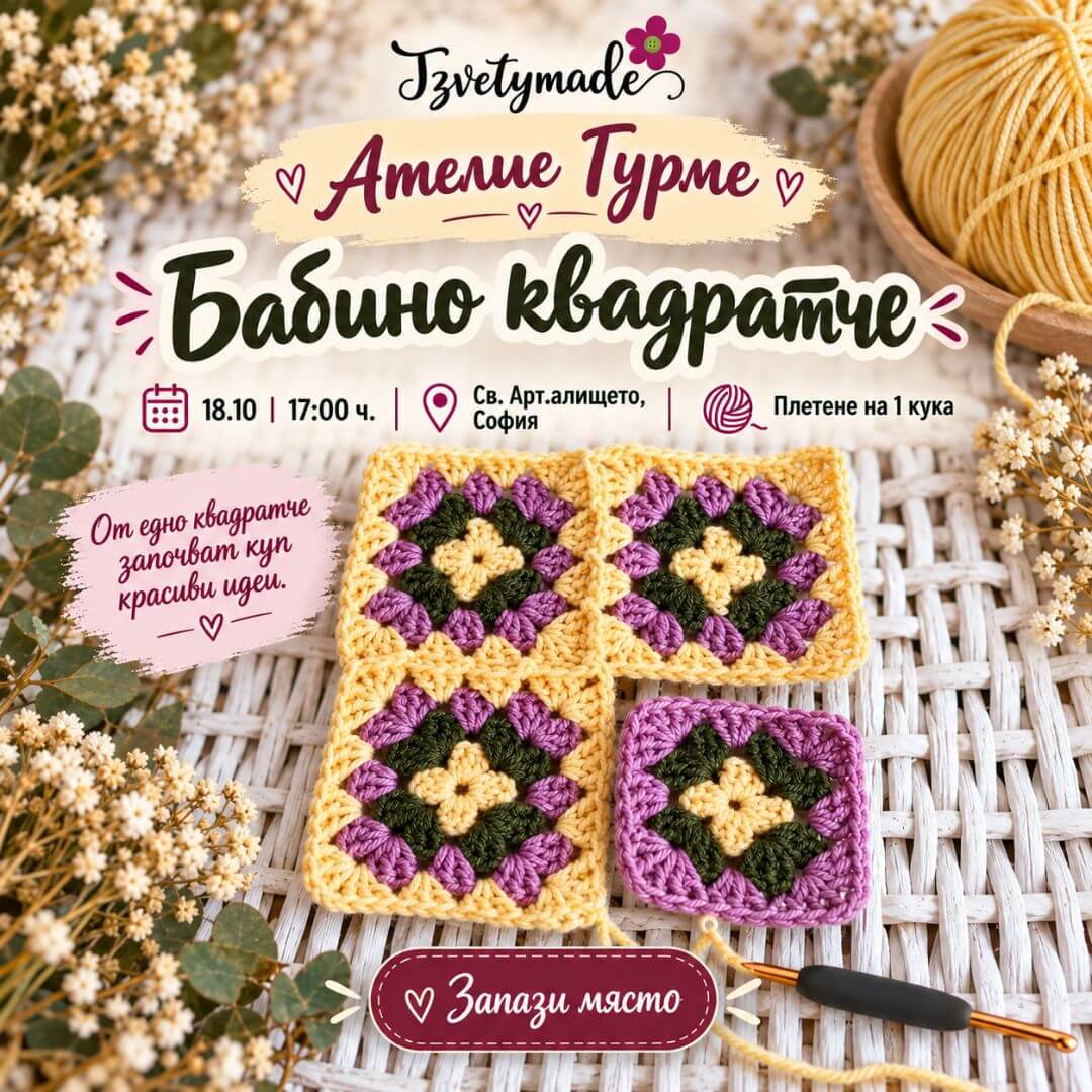 Ателие Гурме Плетене на 1 кука „Бабино квадратче“